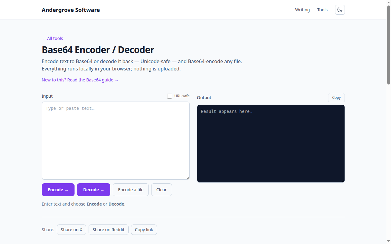 Screenshot of the Base64 Encoder / Decoder tool on andergrove.com