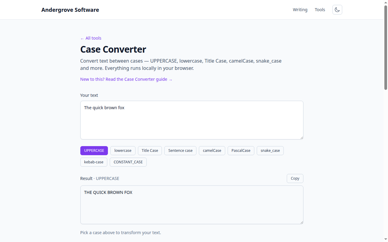 Screenshot of the Case Converter tool on andergrove.com