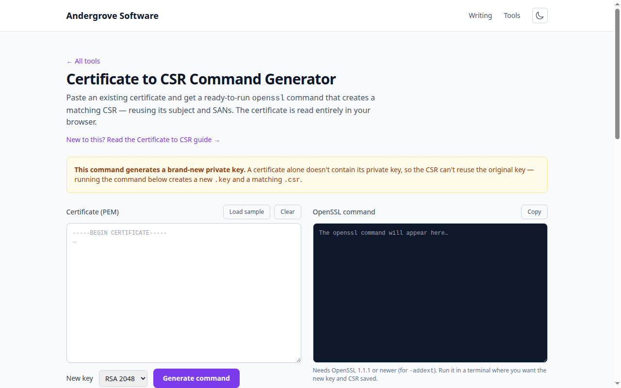 Screenshot of the Certificate to CSR tool on andergrove.com