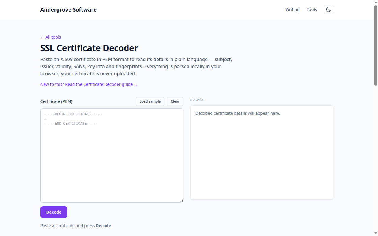 Screenshot of the SSL Certificate Decoder tool on andergrove.com