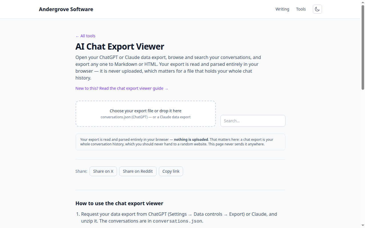 Screenshot of the AI Chat Export Viewer tool on andergrove.com