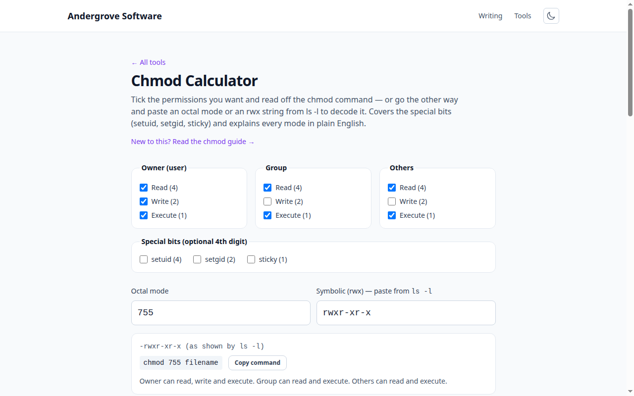 Screenshot of the Chmod Calculator tool on andergrove.com