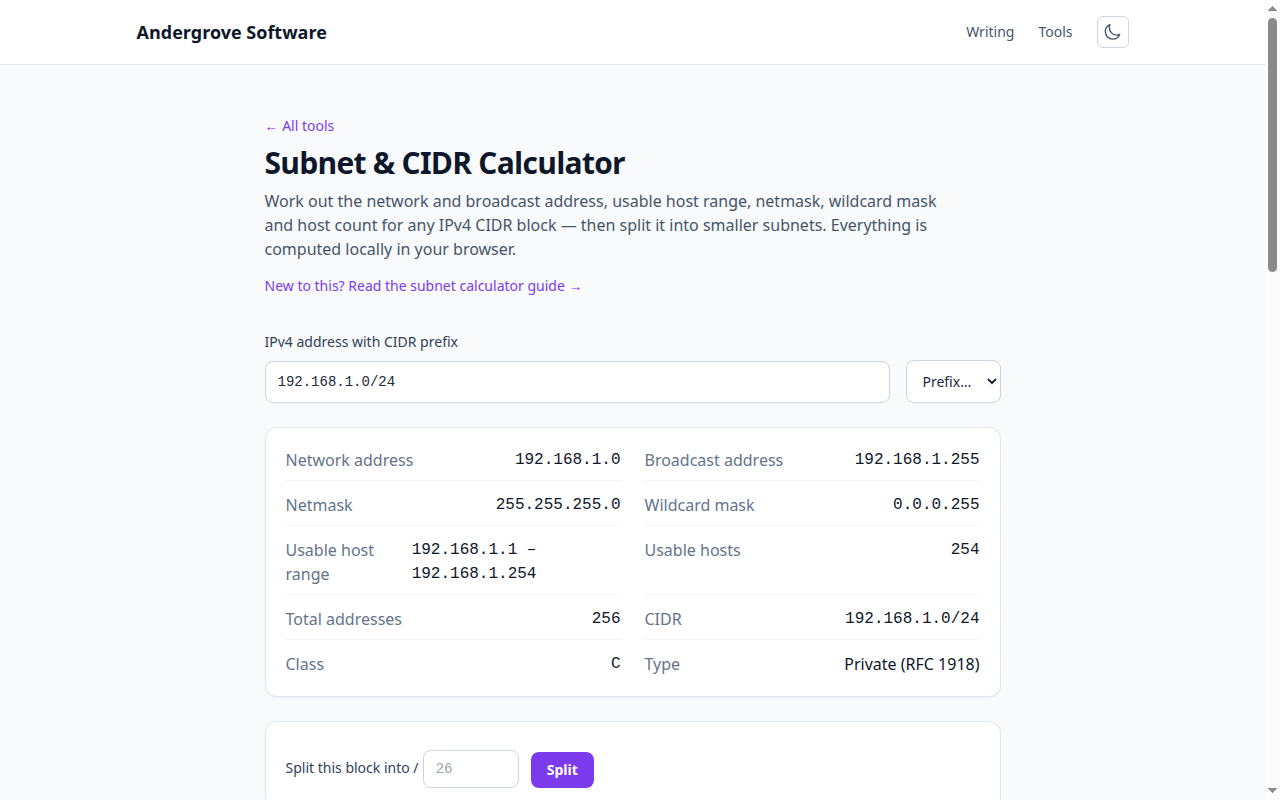 Screenshot of the Subnet & CIDR Calculator tool on andergrove.com