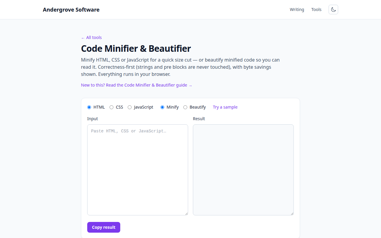 Screenshot of the Code Minifier & Beautifier tool on andergrove.com