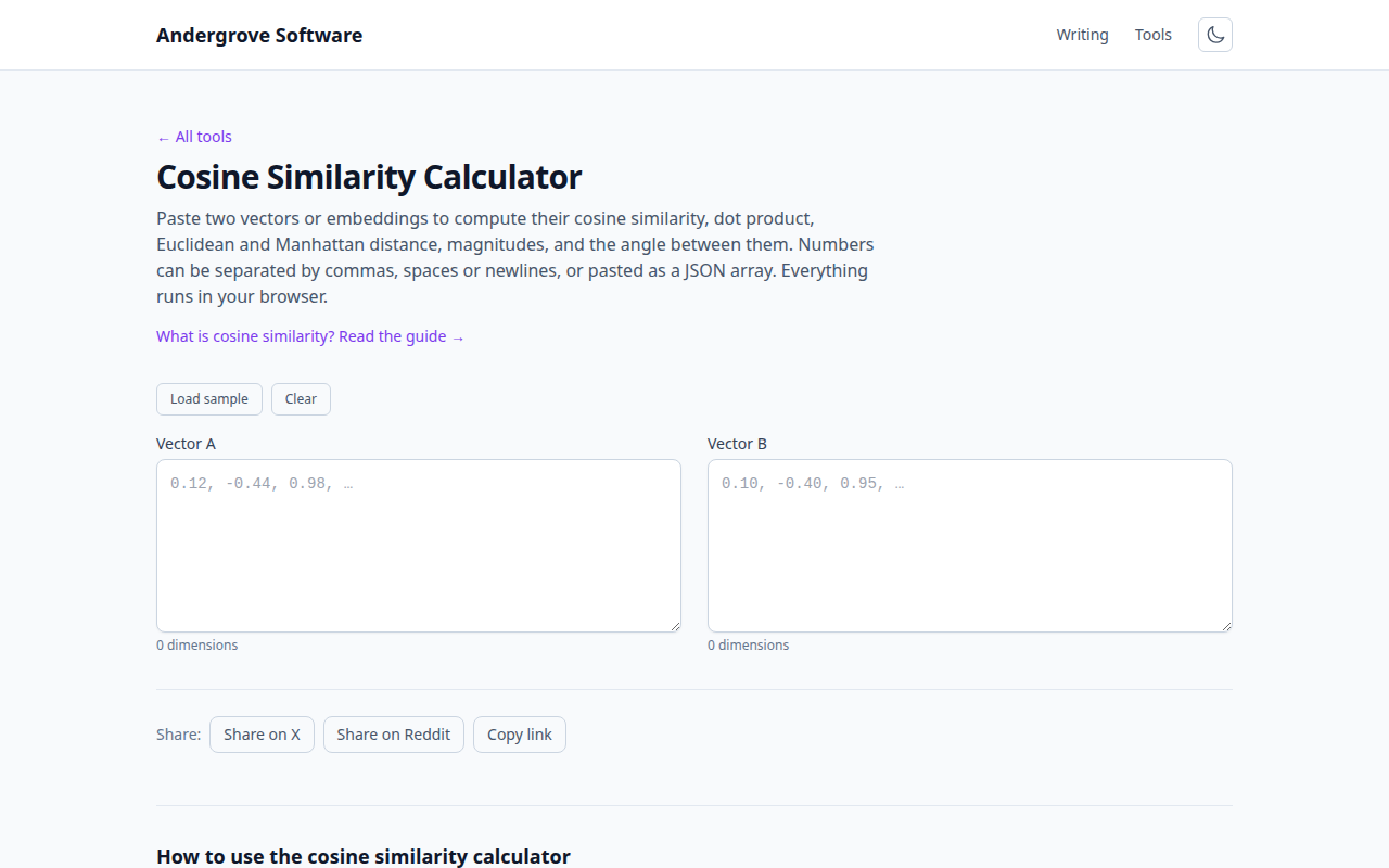 Screenshot of the Cosine Similarity Calculator tool on andergrove.com