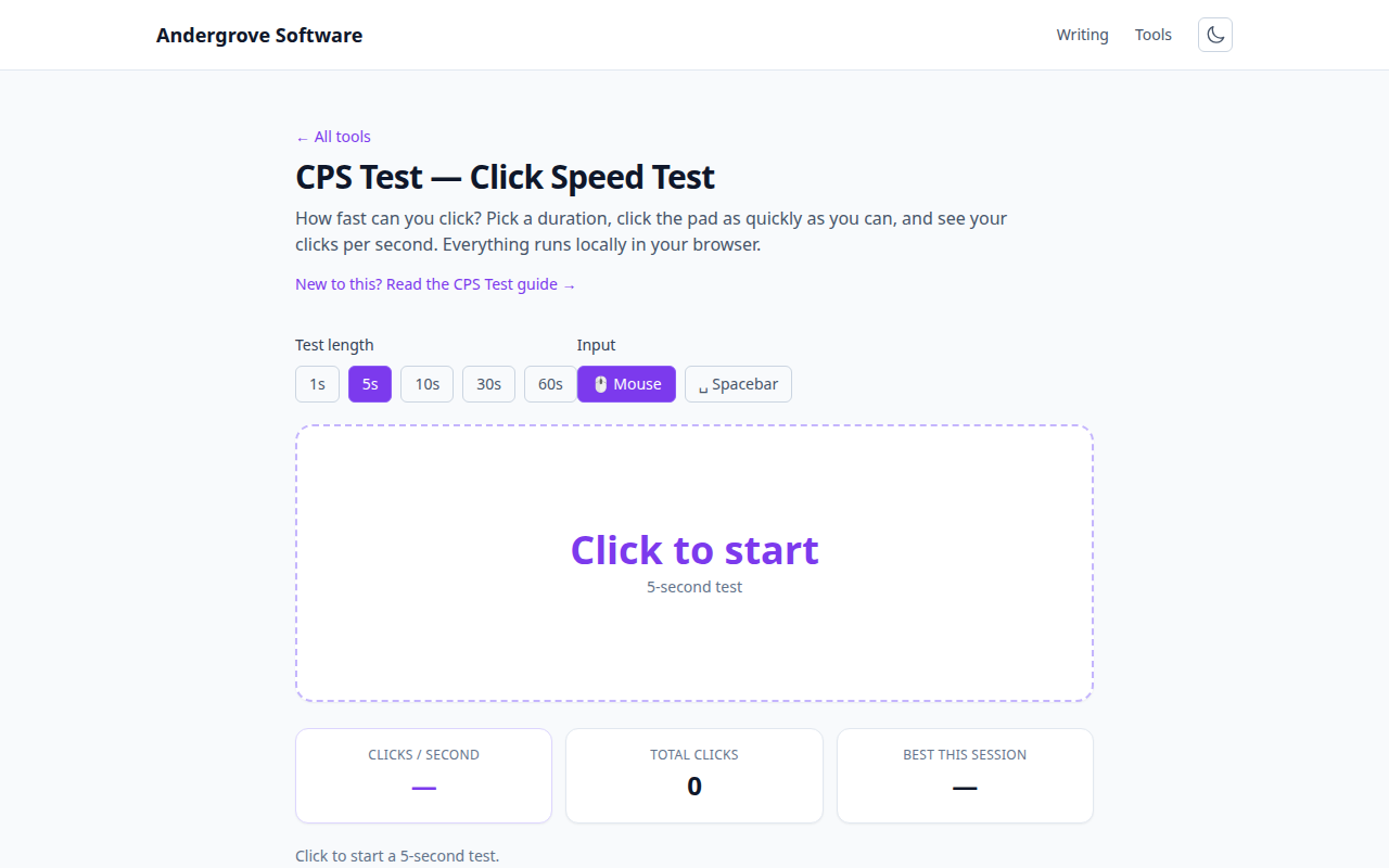 Screenshot of the CPS Test (Click Speed Test) tool on andergrove.com