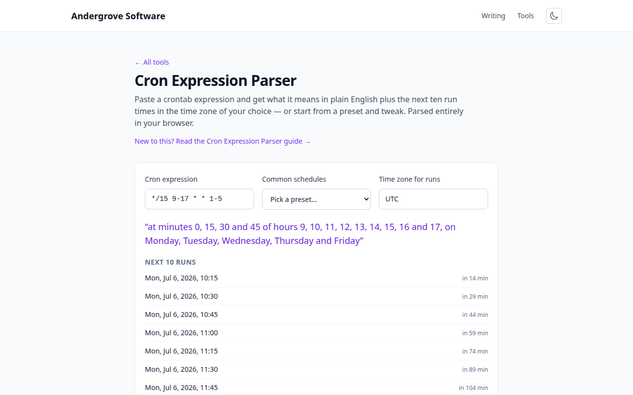 Screenshot of the Cron Expression Parser tool on andergrove.com