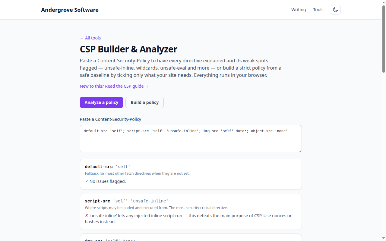 Screenshot of the CSP Builder & Analyzer tool on andergrove.com