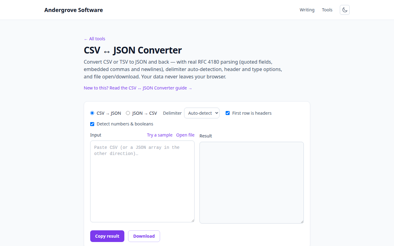 Screenshot of the CSV ↔ JSON Converter tool on andergrove.com