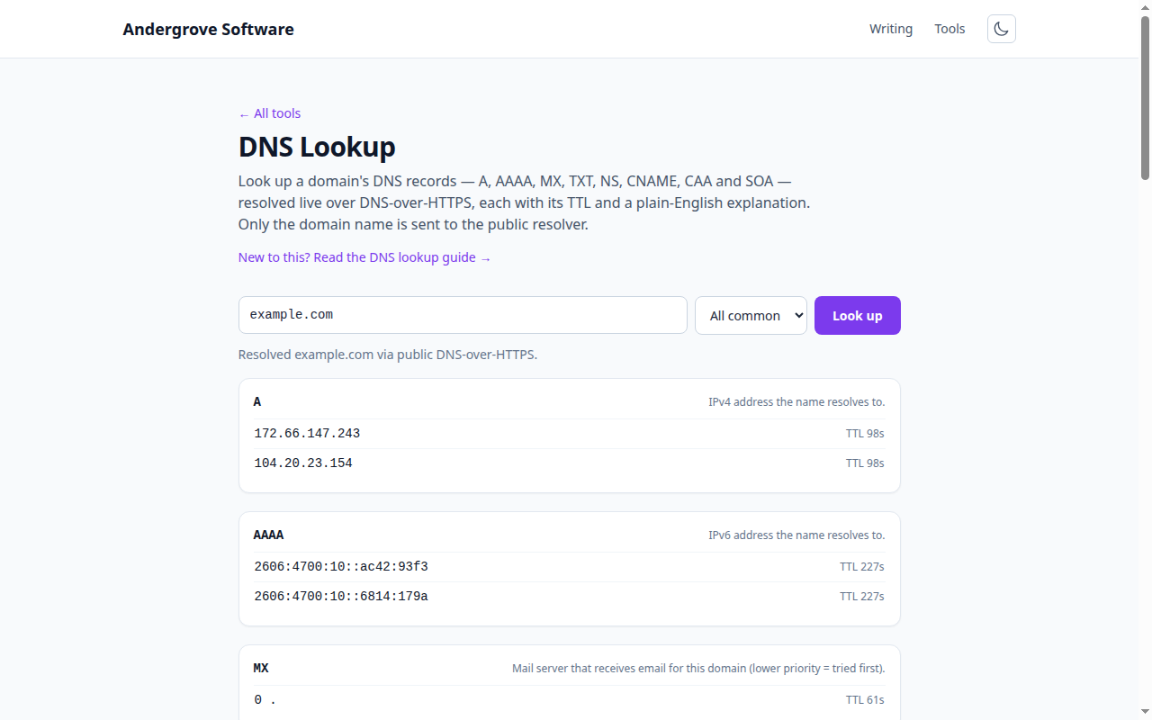 Screenshot of the DNS Lookup tool on andergrove.com