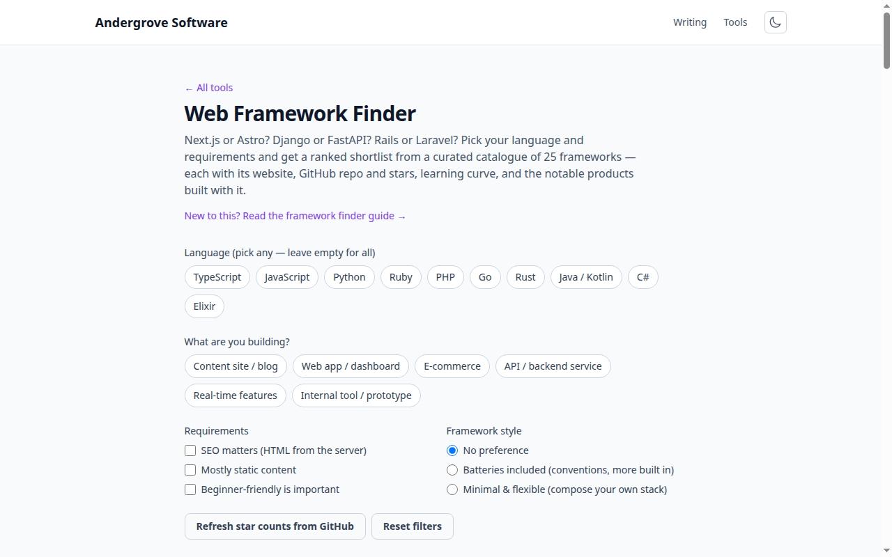 Screenshot of the Web Framework Finder tool on andergrove.com