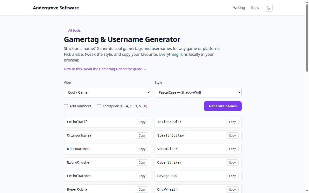 Screenshot of the Gamertag & Username Generator tool on andergrove.com