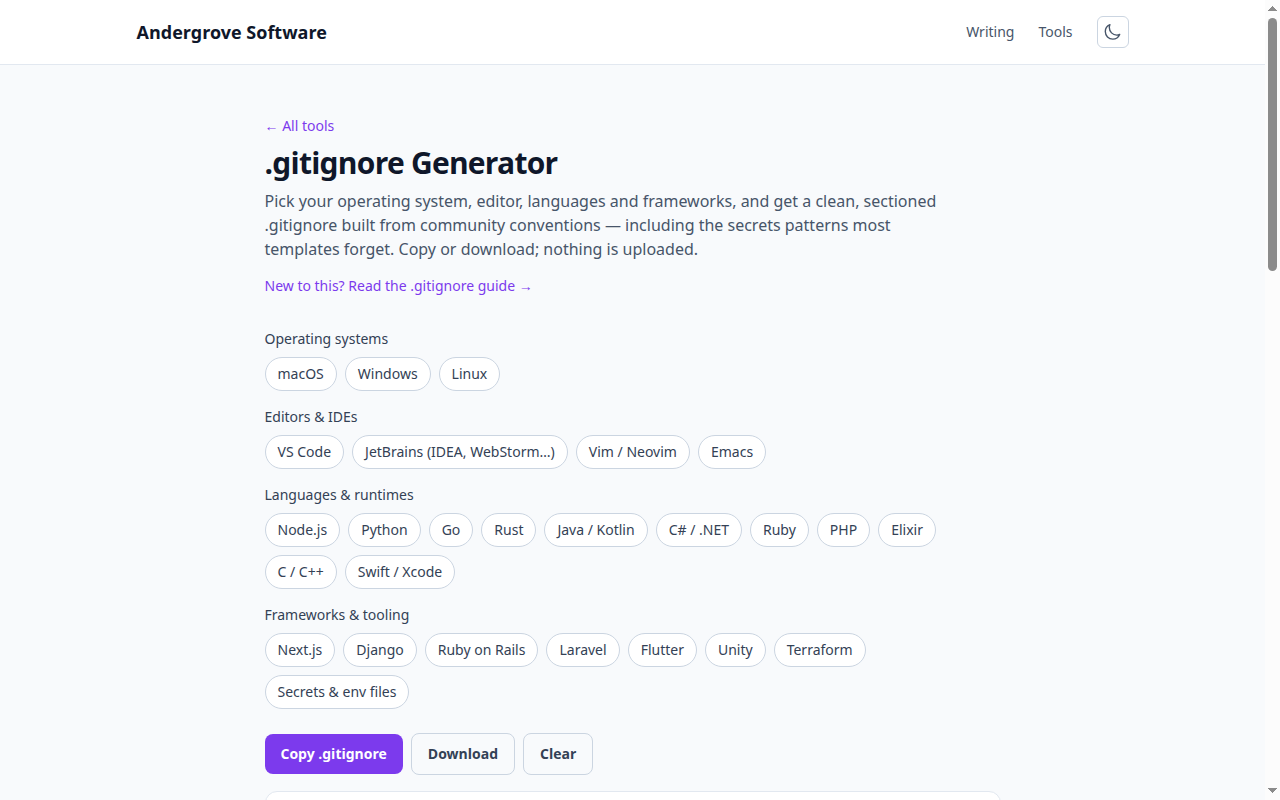 Screenshot of the .gitignore Generator tool on andergrove.com