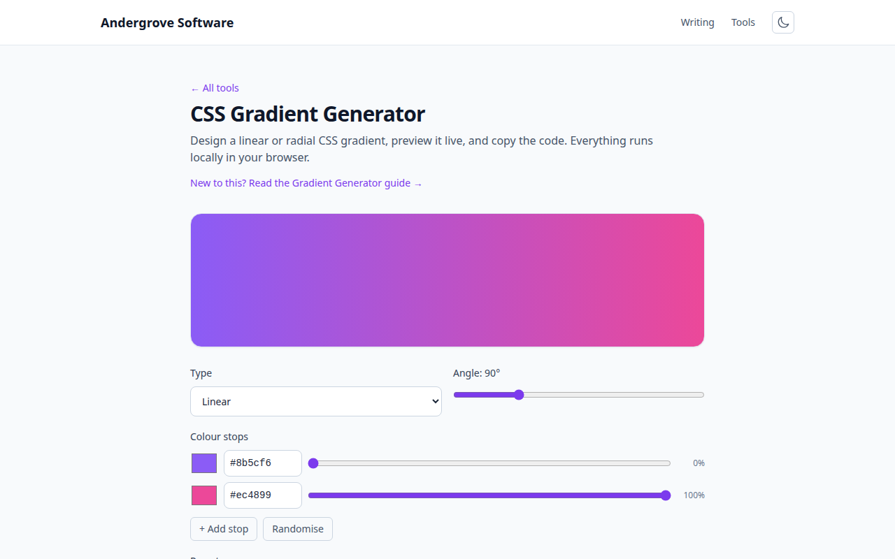 Screenshot of the CSS Gradient Generator tool on andergrove.com