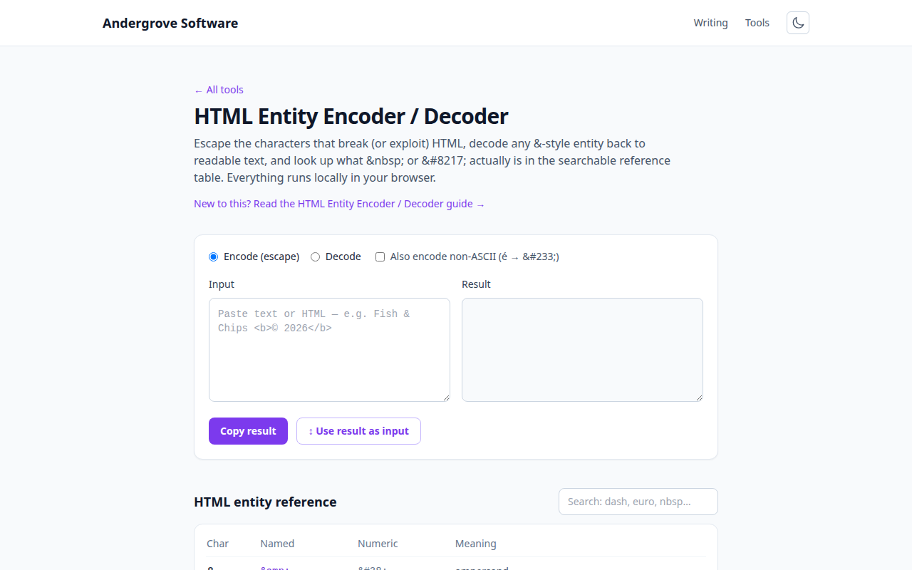 Screenshot of the HTML Entity Encoder / Decoder tool on andergrove.com