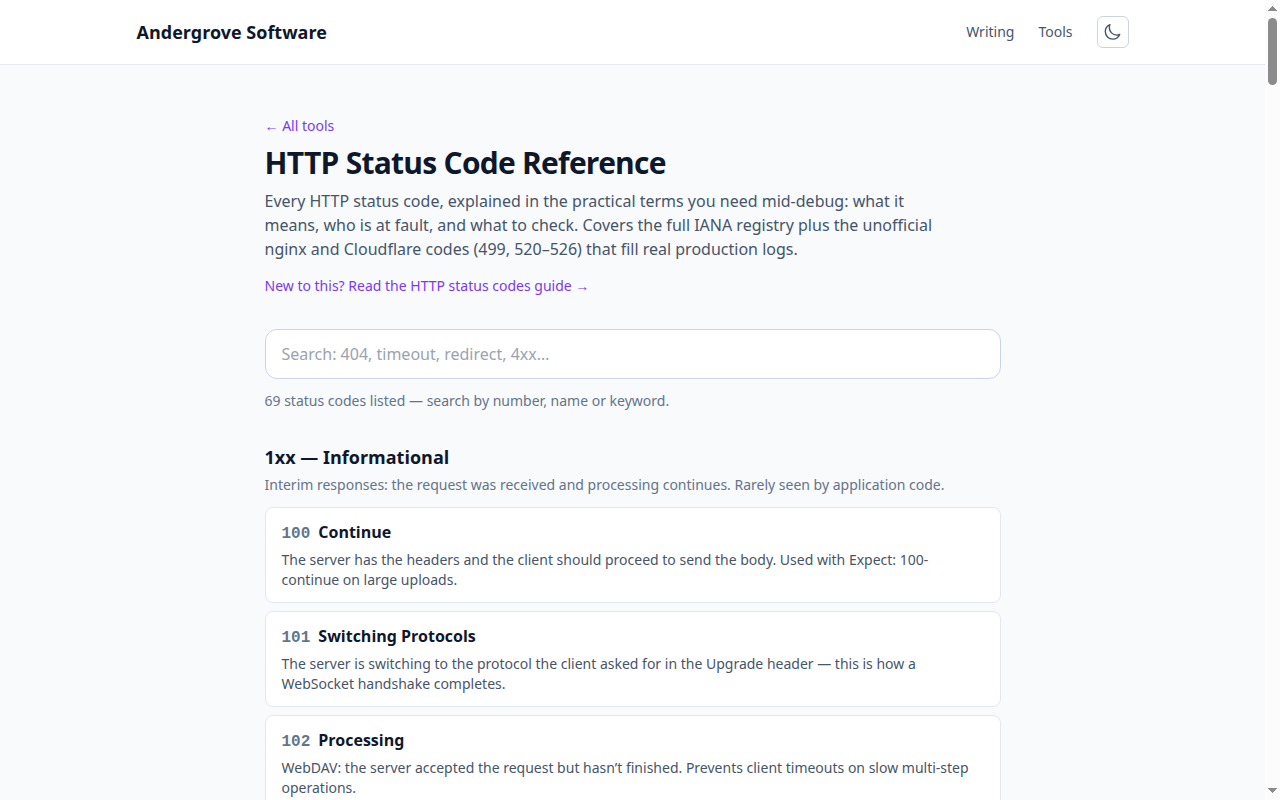 Screenshot of the HTTP Status Code Reference tool on andergrove.com