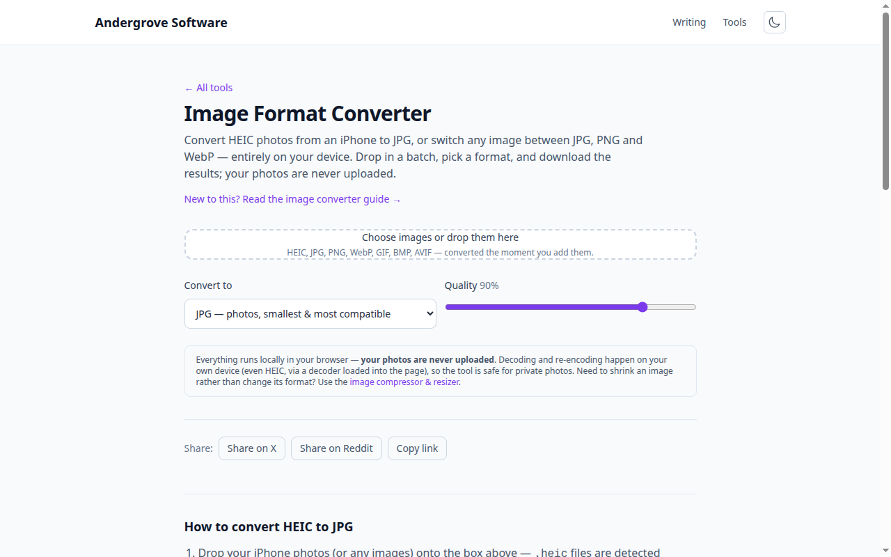 Screenshot of the Image Format Converter tool on andergrove.com