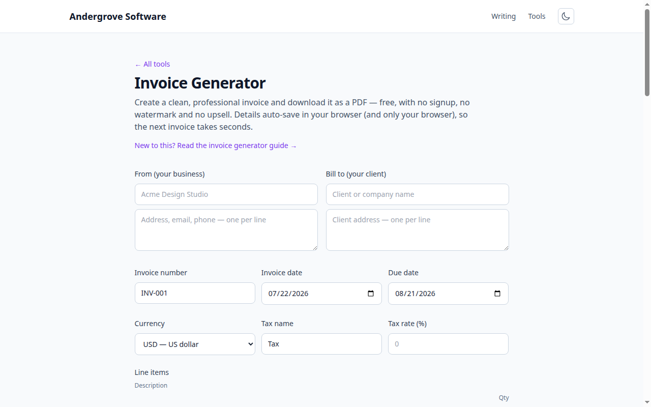 Screenshot of the Invoice Generator tool on andergrove.com