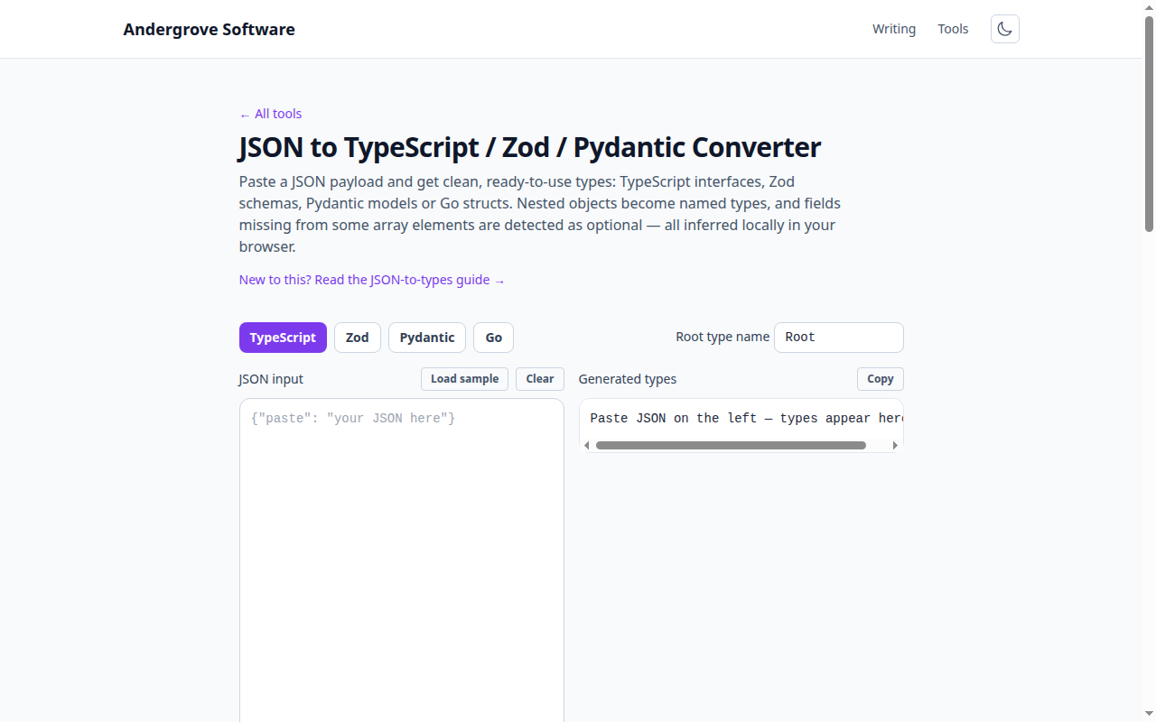 Screenshot of the JSON to TypeScript / Zod / Pydantic Converter tool on andergrove.com