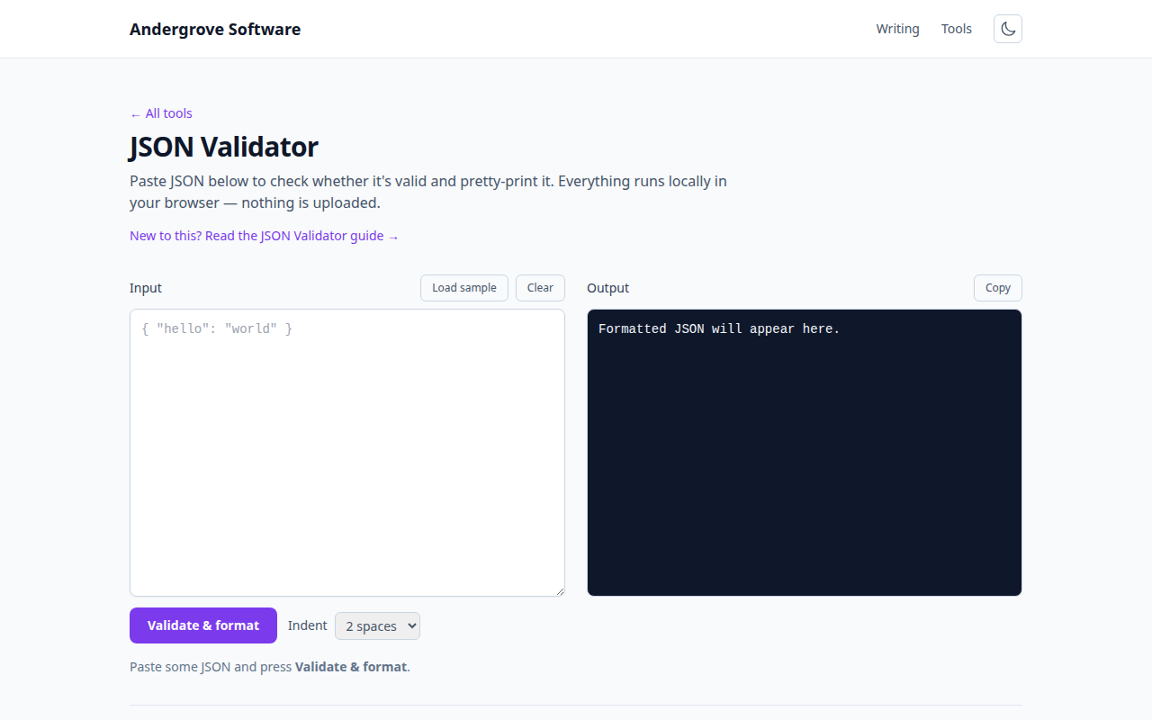 Screenshot of the JSON Validator tool on andergrove.com