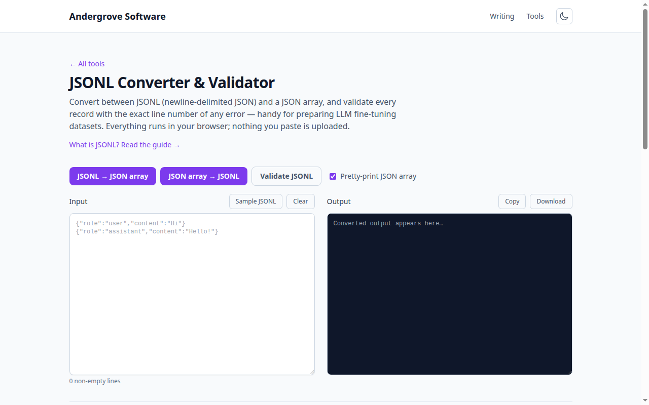 Screenshot of the JSONL Converter & Validator tool on andergrove.com
