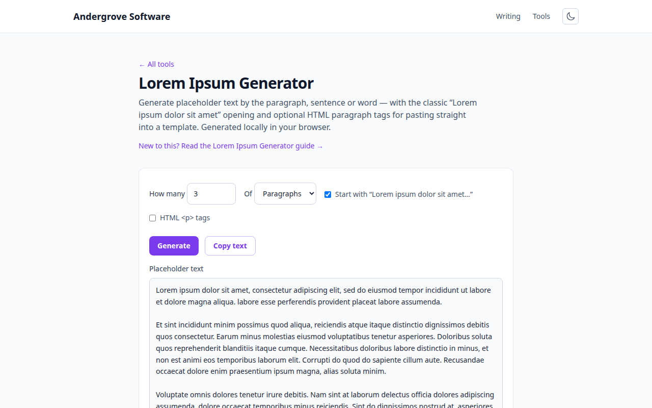 Screenshot of the Lorem Ipsum Generator tool on andergrove.com