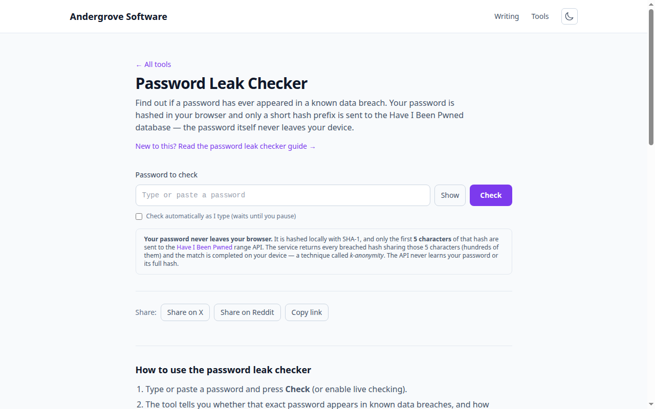 Screenshot of the Password Leak Checker tool on andergrove.com