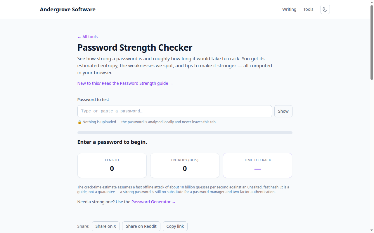 Screenshot of the Password Strength Checker tool on andergrove.com