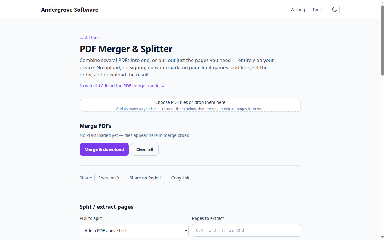 Screenshot of the PDF Merger & Splitter tool on andergrove.com