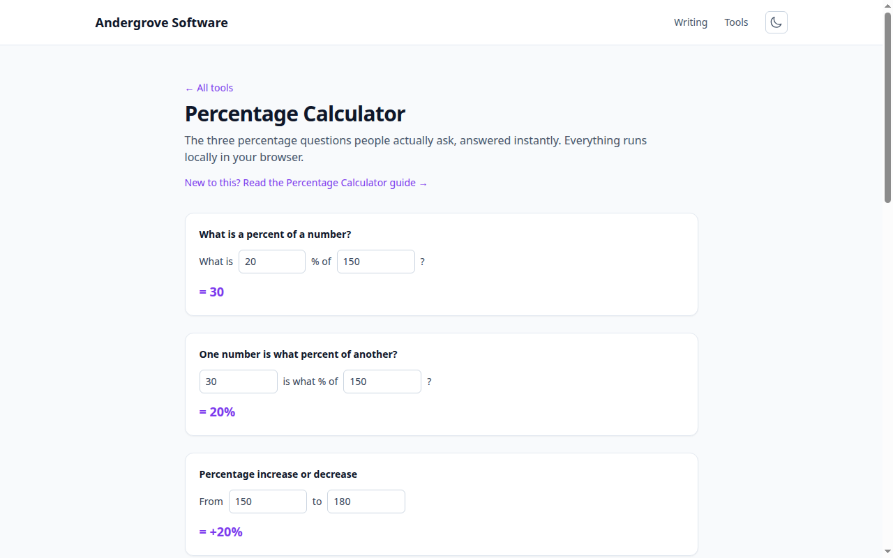 Screenshot of the Percentage Calculator tool on andergrove.com