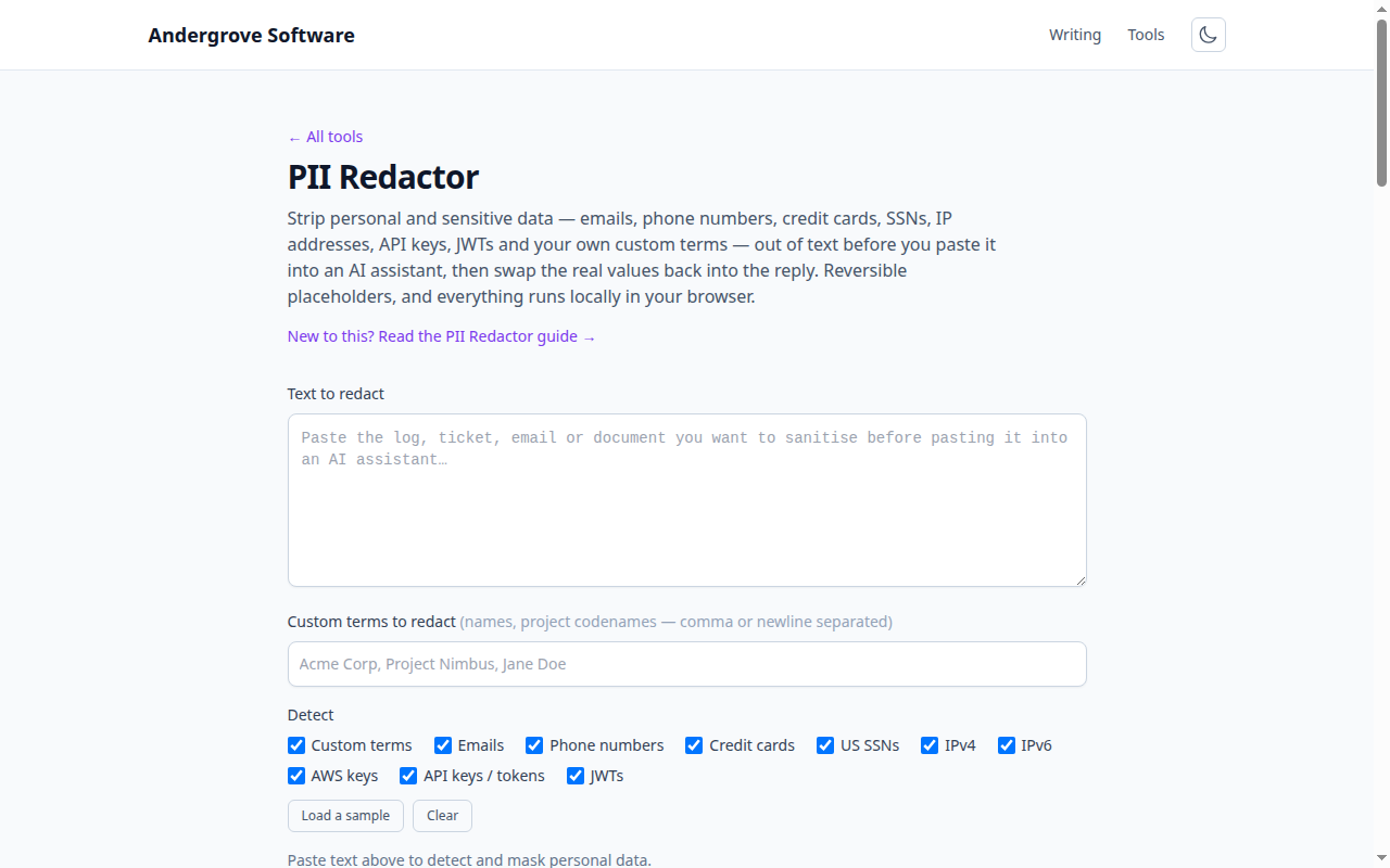 Screenshot of the PII Redactor tool on andergrove.com