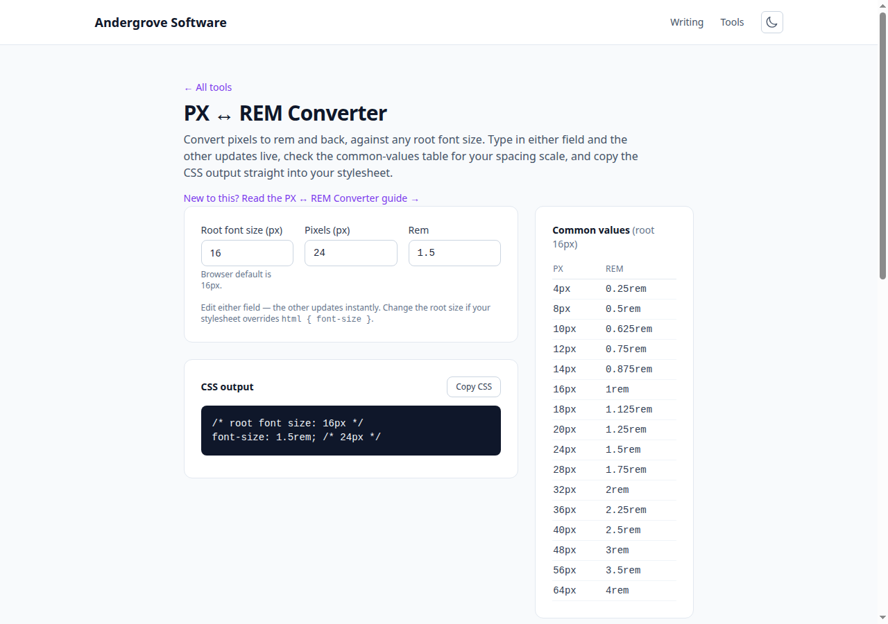 Screenshot of the PX ↔ REM Converter tool on andergrove.com