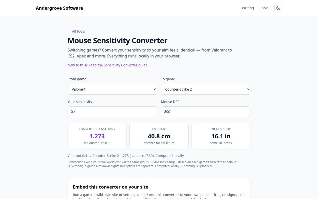 Screenshot of the Mouse Sensitivity Converter tool on andergrove.com
