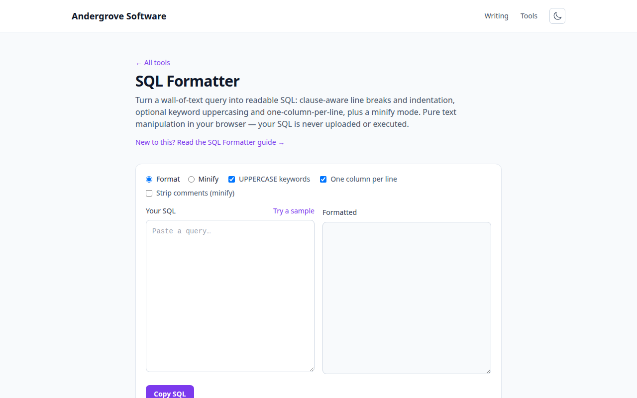 Screenshot of the SQL Formatter tool on andergrove.com