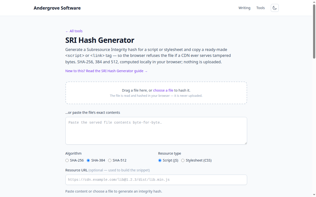 Screenshot of the SRI Hash Generator tool on andergrove.com