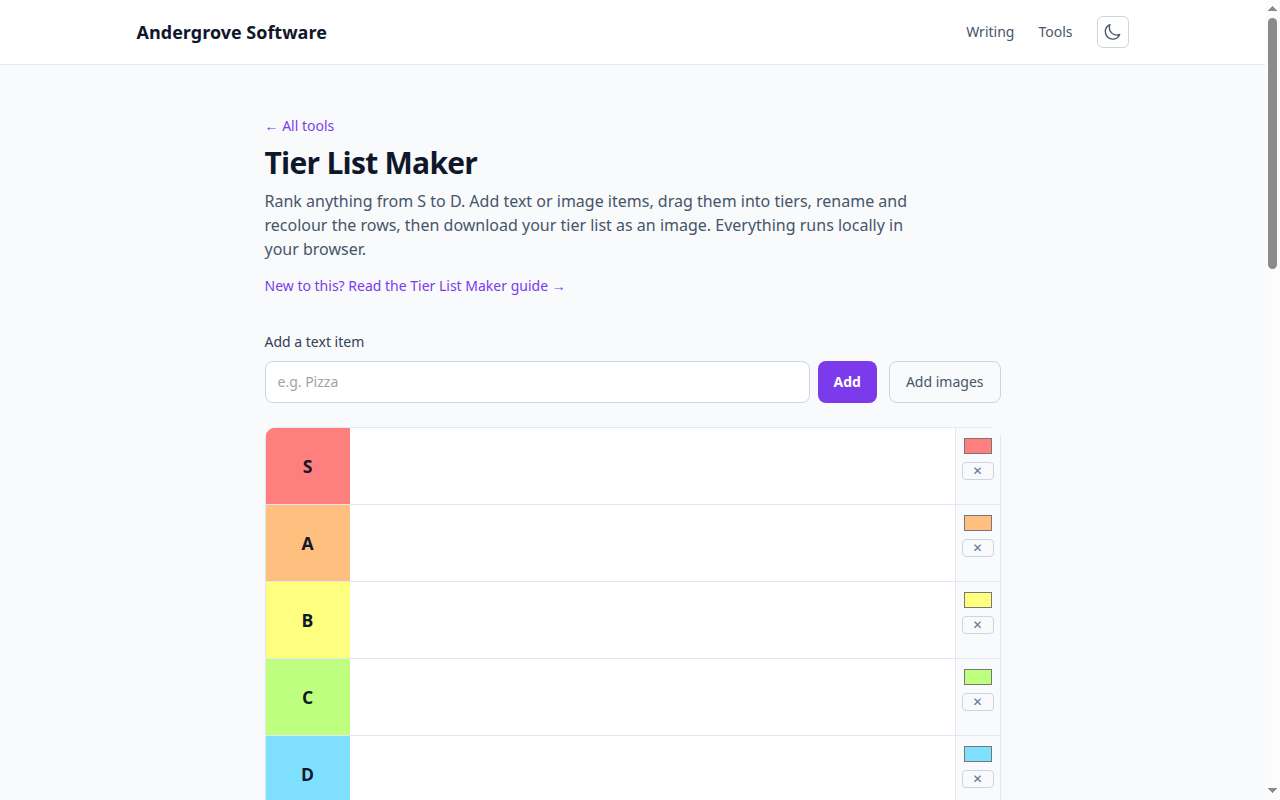 Screenshot of the Tier List Maker tool on andergrove.com