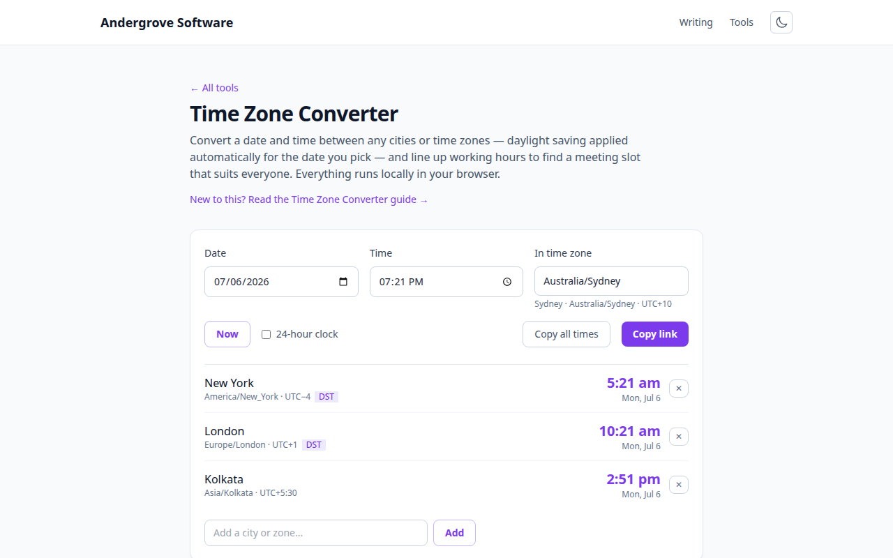Screenshot of the Time Zone Converter tool on andergrove.com