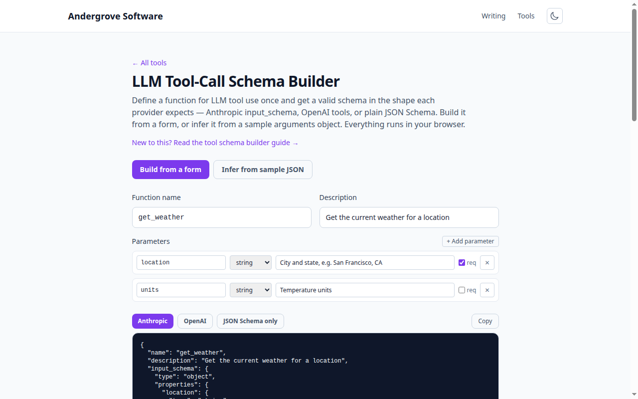 Screenshot of the LLM Tool-Call Schema Builder tool on andergrove.com