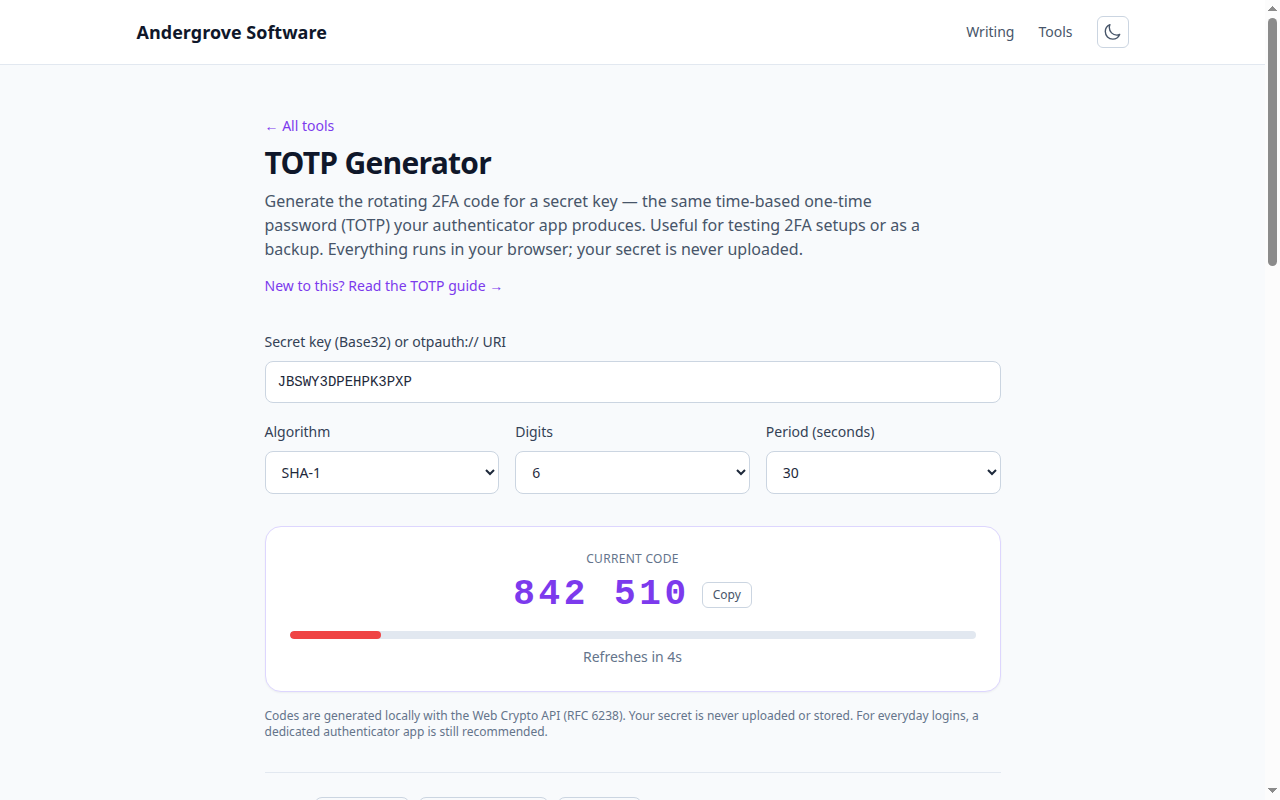 Screenshot of the TOTP Generator tool on andergrove.com