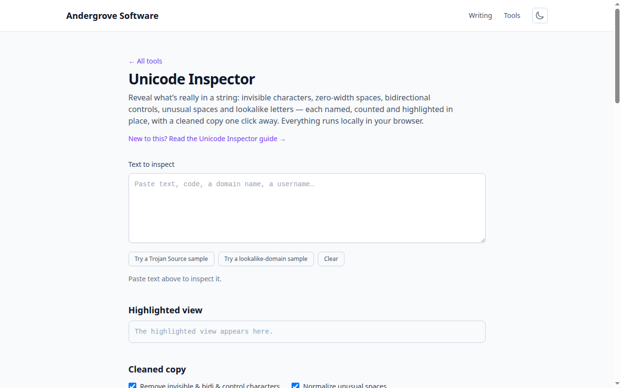 Screenshot of the Unicode Inspector tool on andergrove.com