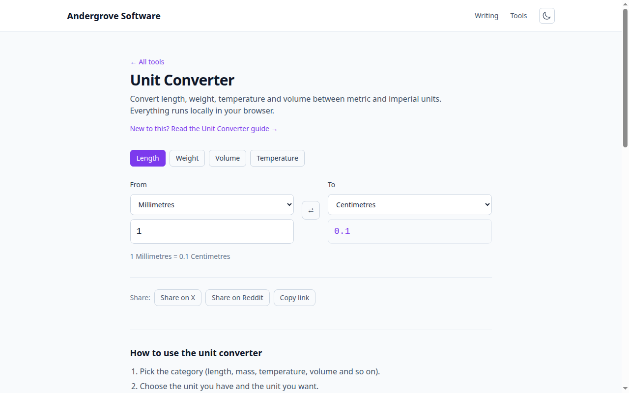 Screenshot of the Unit Converter tool on andergrove.com