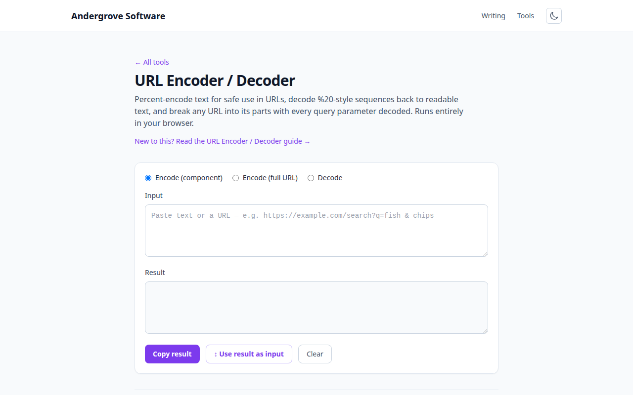 Screenshot of the URL Encoder / Decoder tool on andergrove.com