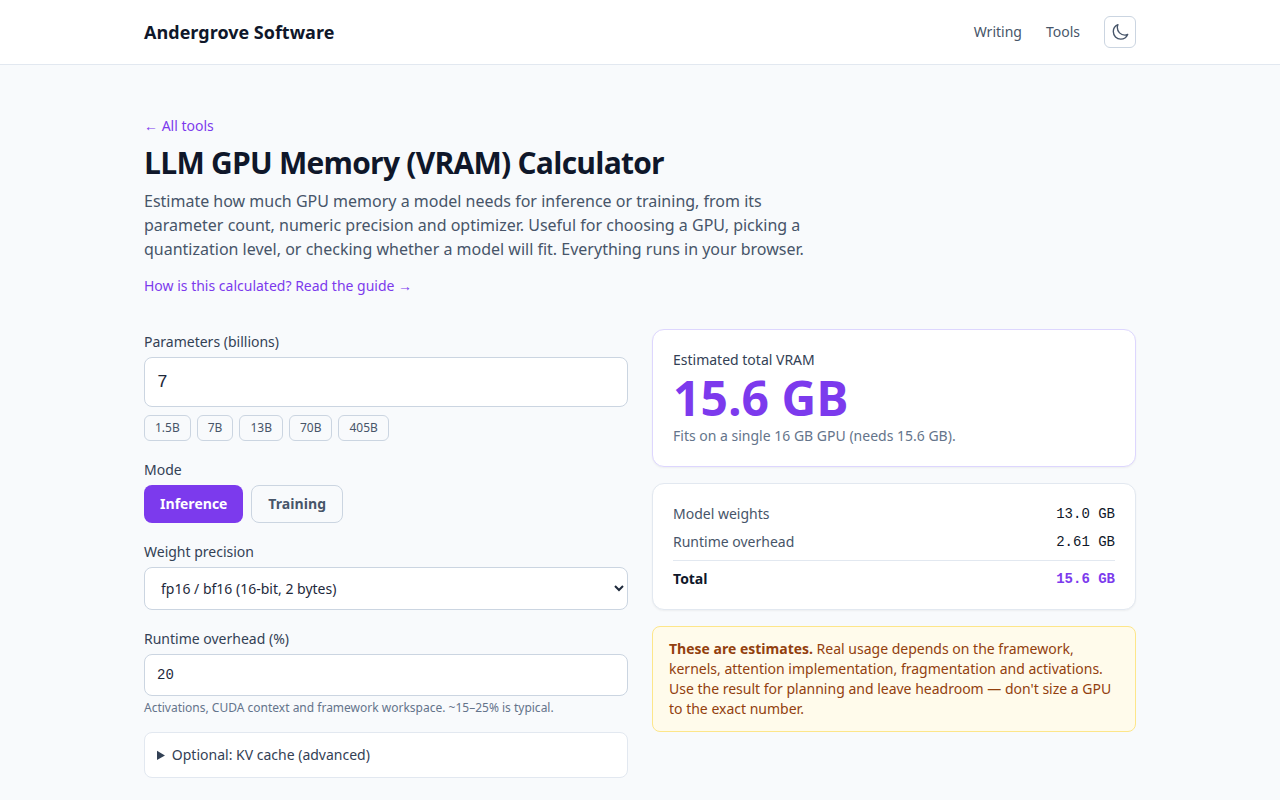 Screenshot of the LLM GPU Memory (VRAM) Calculator tool on andergrove.com