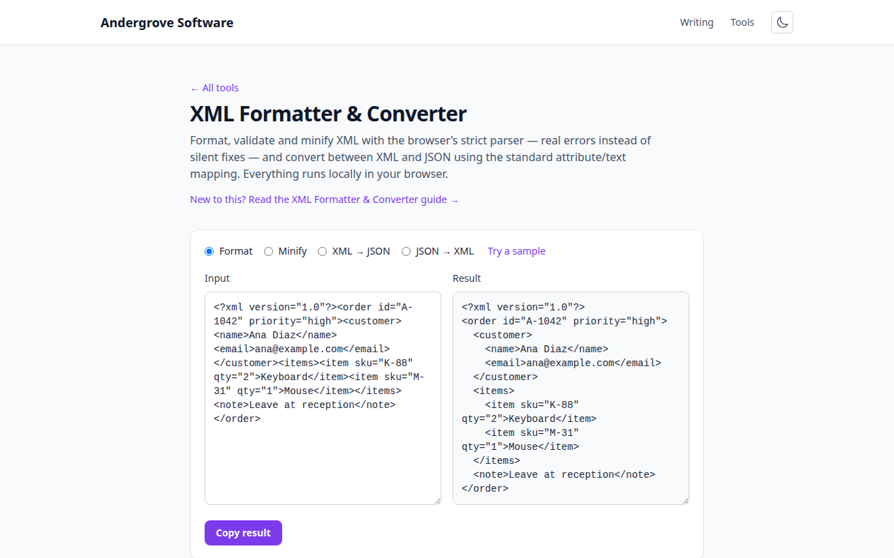 Screenshot of the XML Formatter & Converter tool on andergrove.com