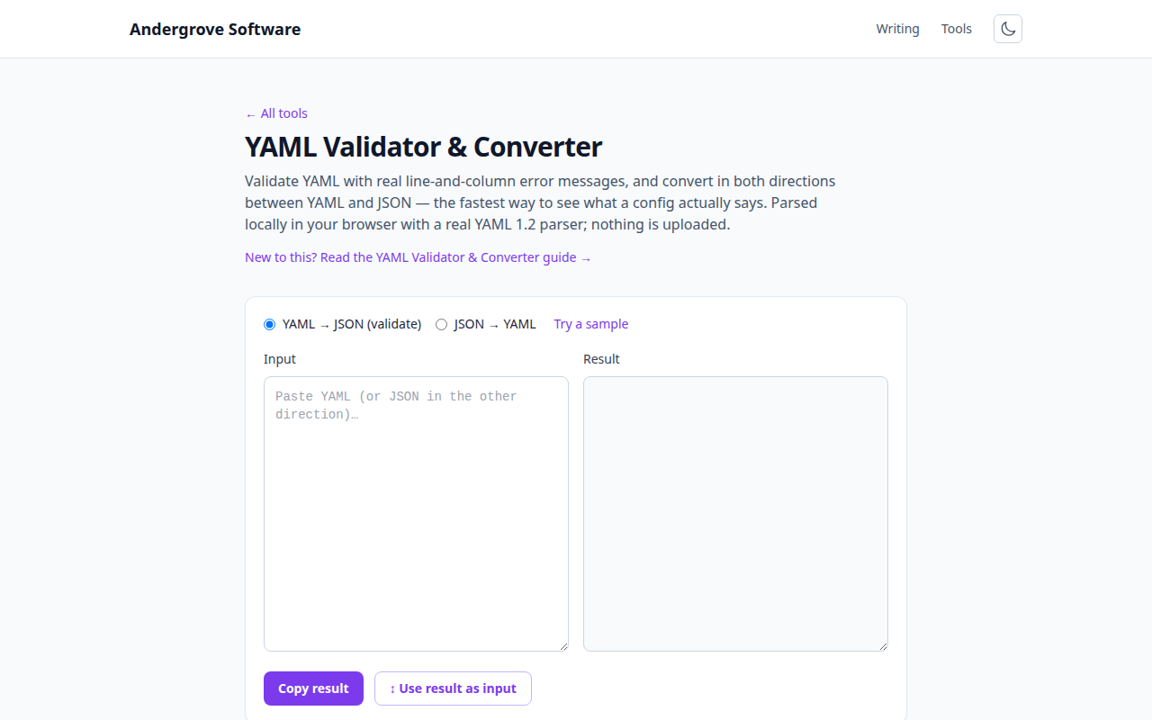 Screenshot of the YAML Validator & Converter tool on andergrove.com